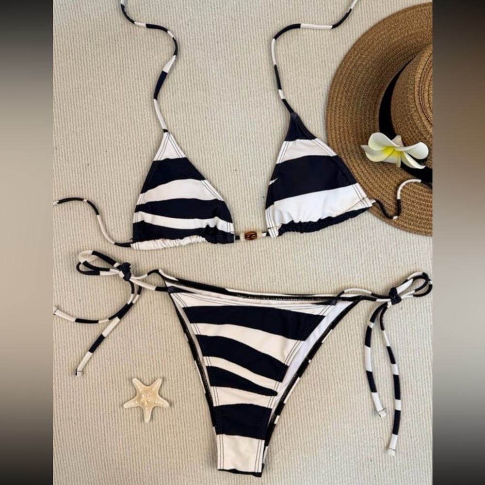 Black and White Striped Bikini Set